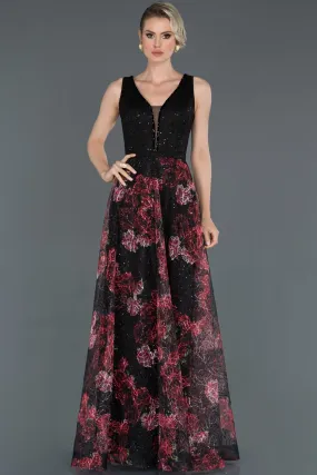 16618 Black-Red Floral Patterned Tulle Dress