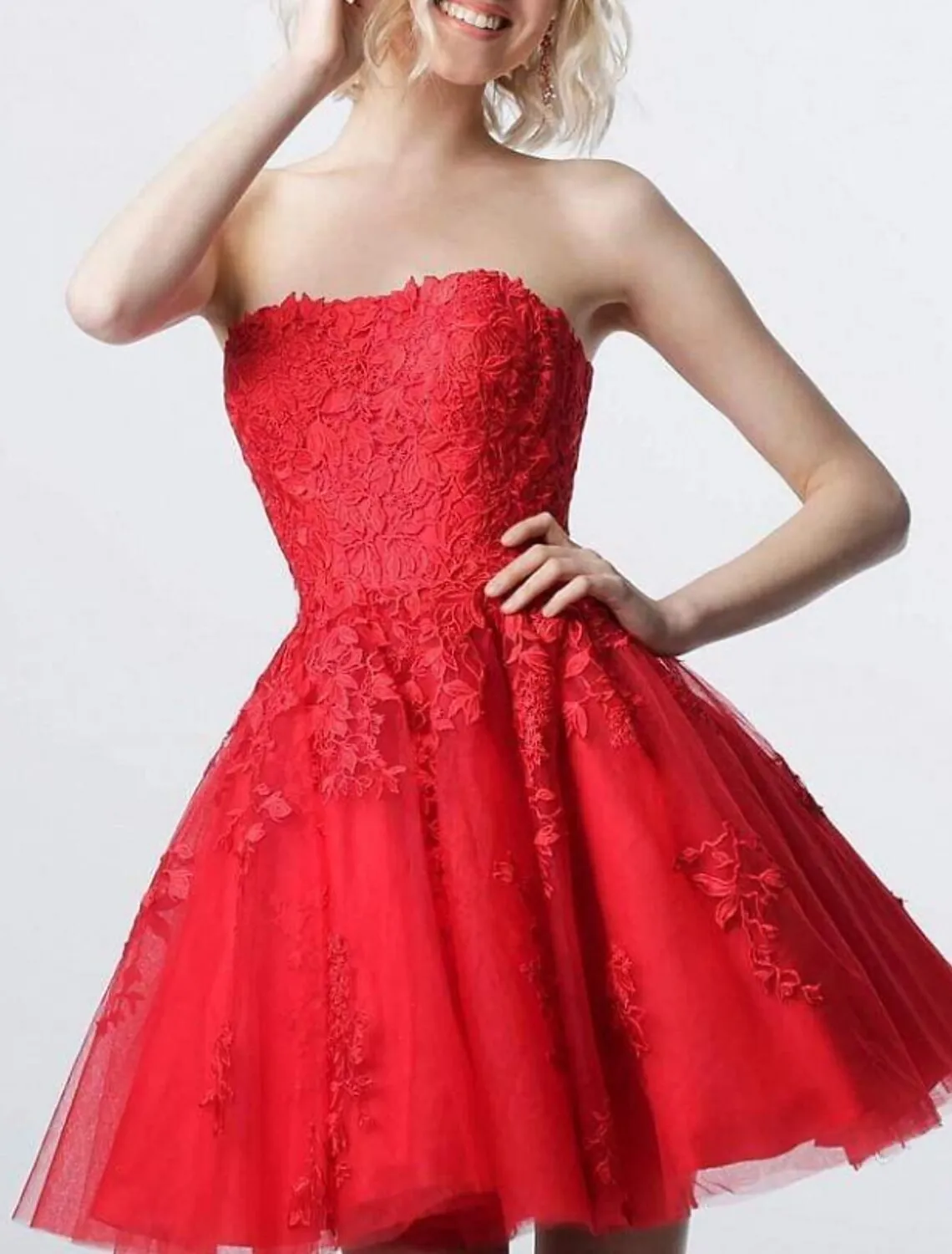 A-Line Cocktail Dresses Flirty Dress Graduation Engagement Short / Mini Sleeveless Strapless Lace with Appliques