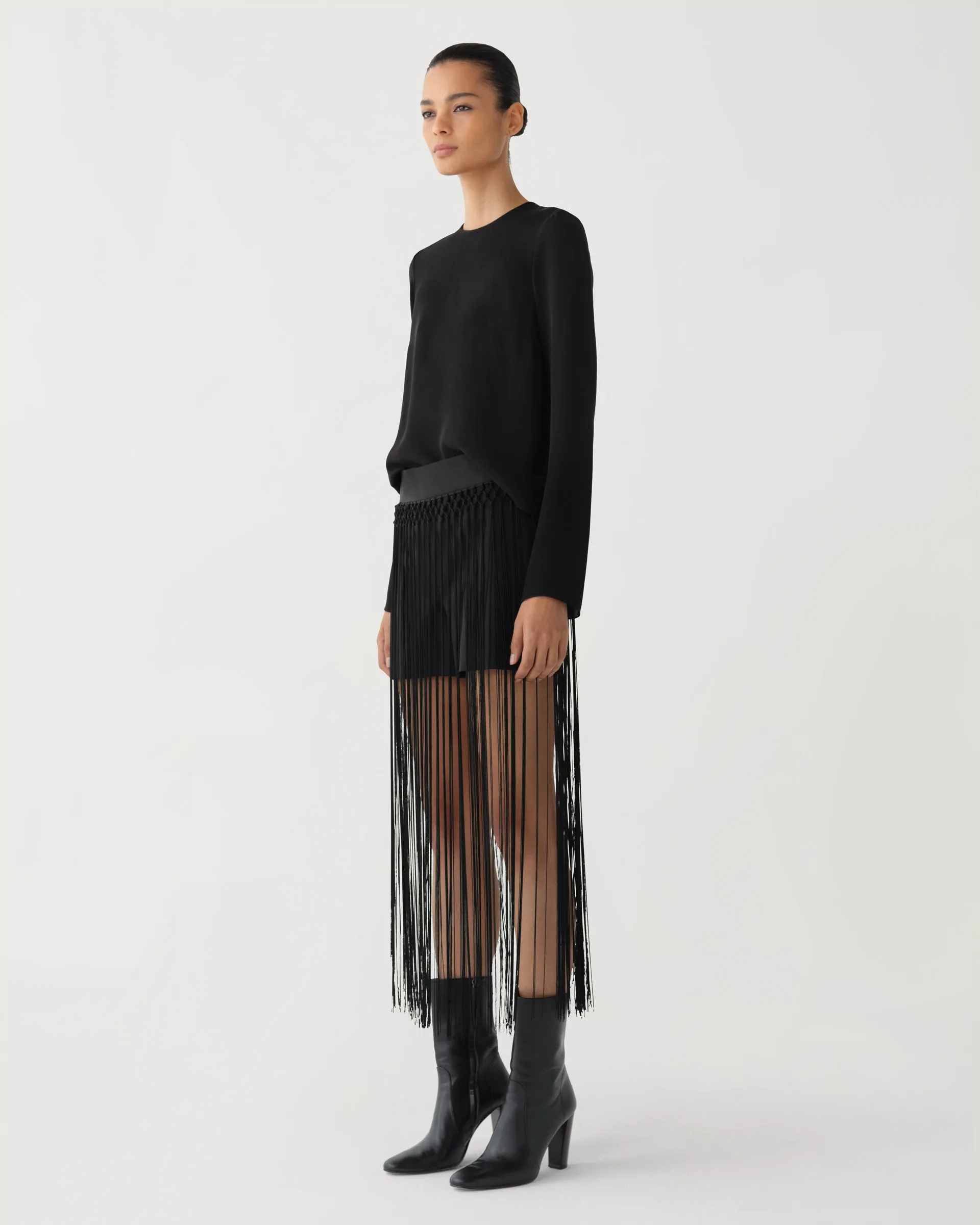 Allegra Fringe Shorts in Wool, Black