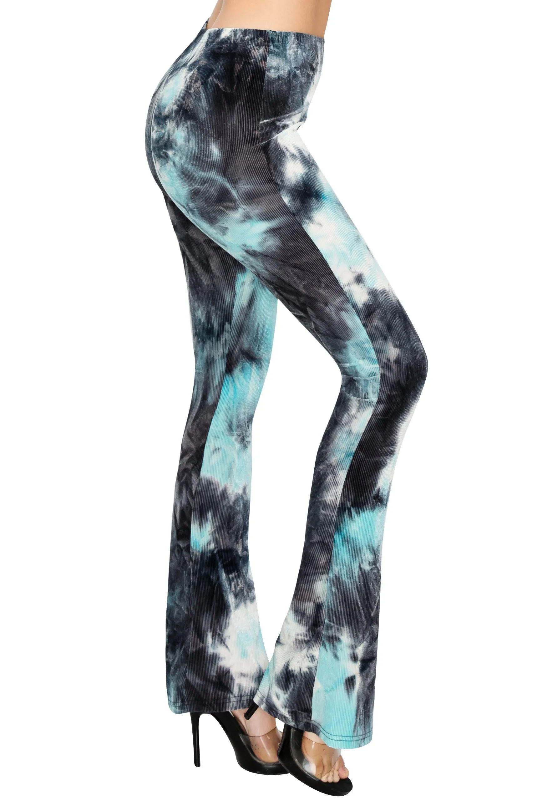 ALWAYS Women's Ribbed Tie Dye Palazzo - Rib Knit Fit and Flare Wide Leg Bell Bottom Pants