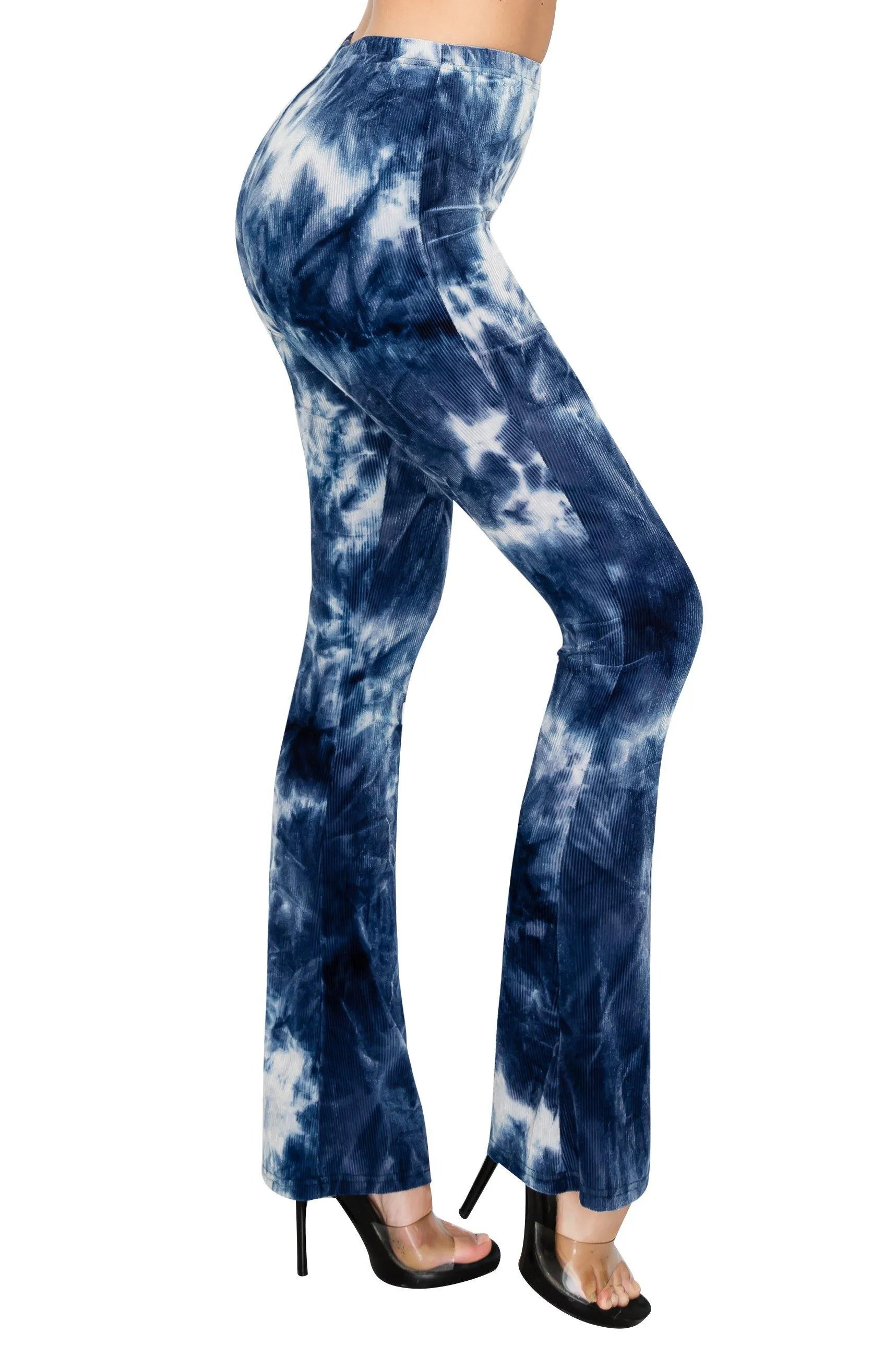 ALWAYS Women's Ribbed Tie Dye Palazzo - Rib Knit Fit and Flare Wide Leg Bell Bottom Pants