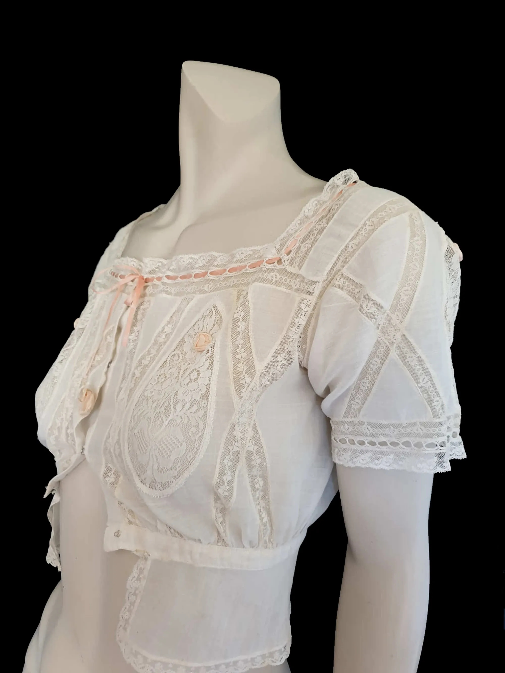 Antique Lacy Muslin Corset Cover, Blouse, With Ribbon Rosettes - XS