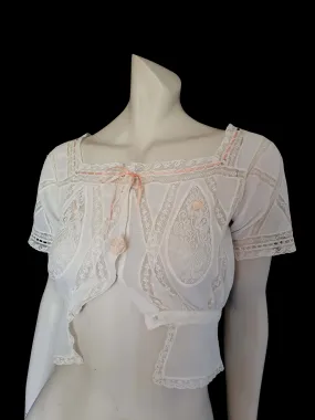 Antique Lacy Muslin Corset Cover, Blouse, With Ribbon Rosettes - XS