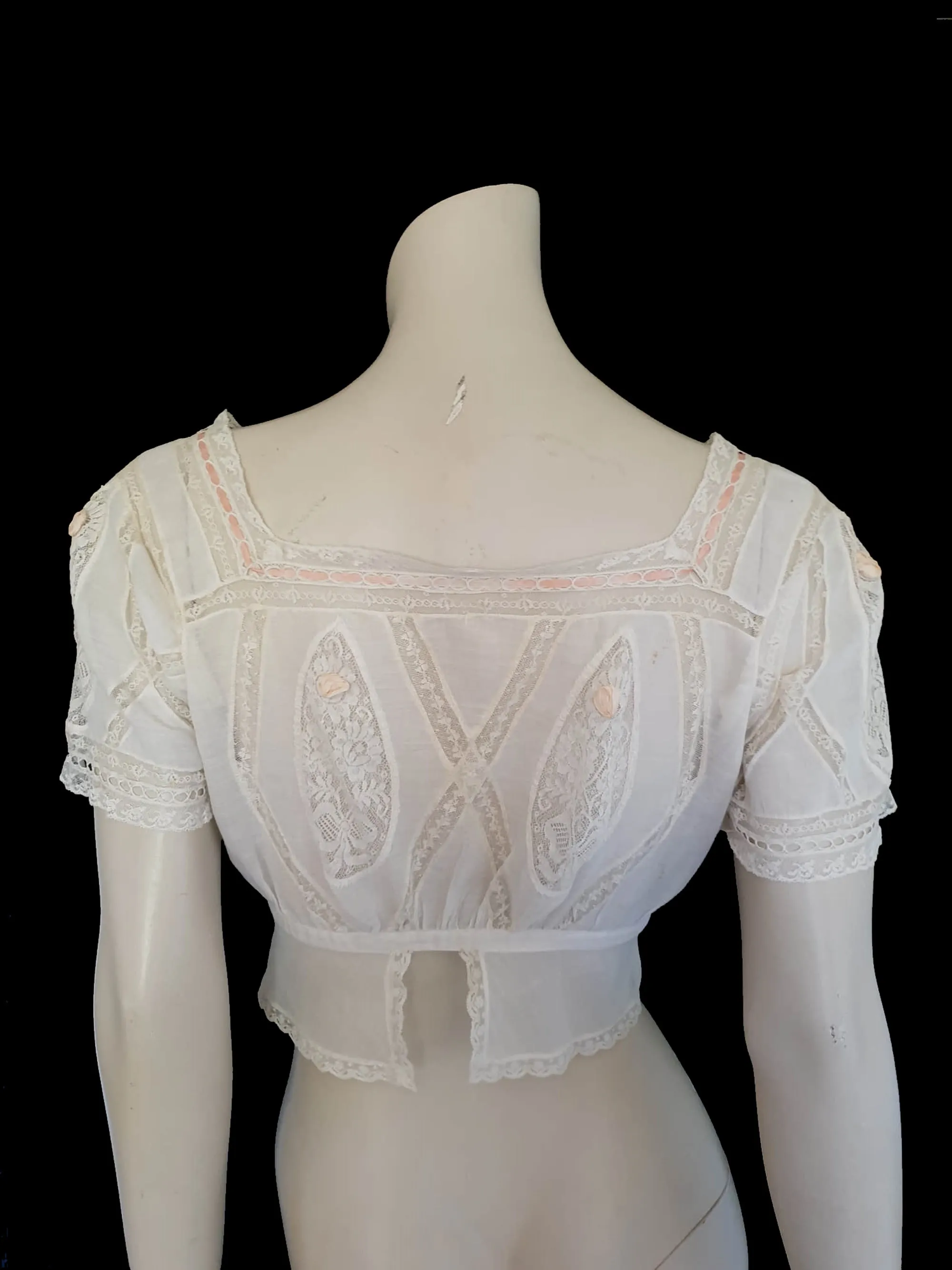 Antique Lacy Muslin Corset Cover, Blouse, With Ribbon Rosettes - XS