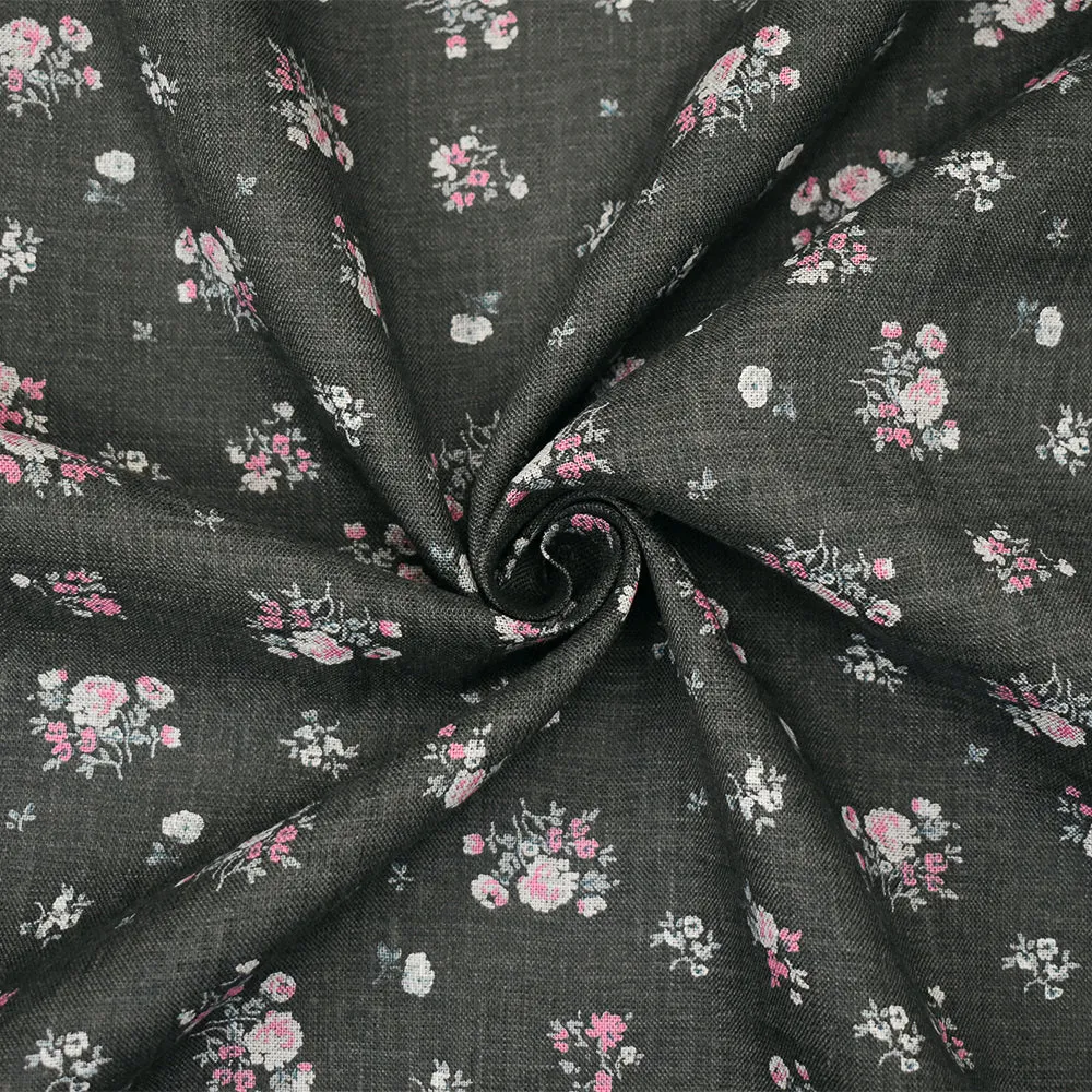 Ash Black-Pink-Multi Floral Ditsy Printed Linen Woven Fabric