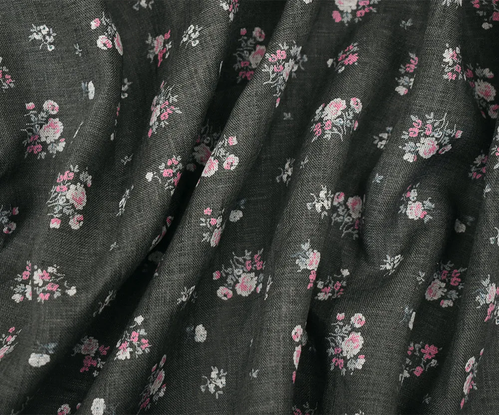 Ash Black-Pink-Multi Floral Ditsy Printed Linen Woven Fabric