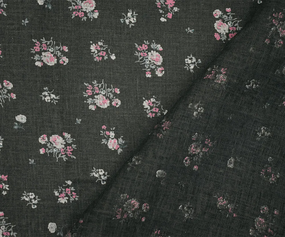 Ash Black-Pink-Multi Floral Ditsy Printed Linen Woven Fabric