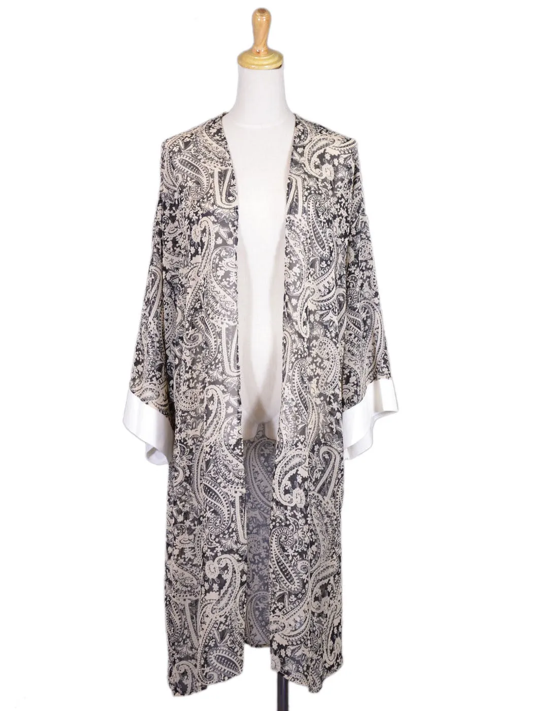 Audrey 3 1 Heavenly Paisley Print Open Front Cuff Sleeves Chiffon Long Kimono