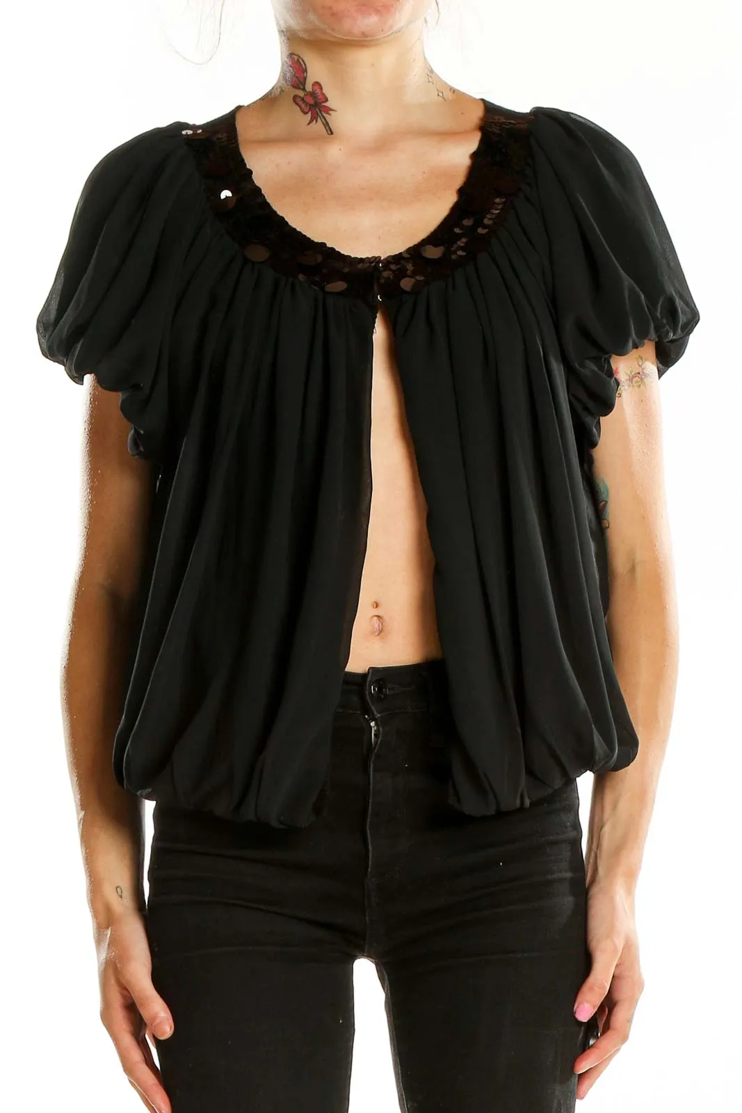 Black Flowy Open-Front Cardigan Top