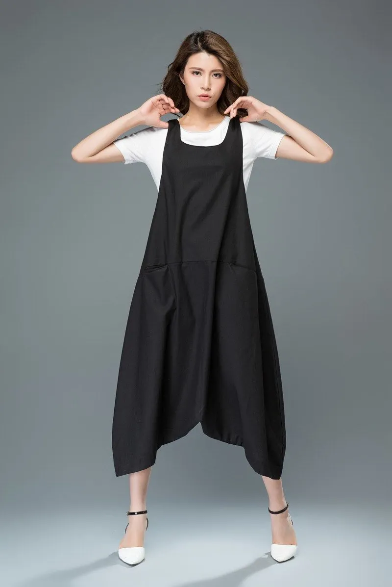 Black linen pants, maxi pants, linen overalls, low drop pants, baggy dungarees, suspender pants, womens pants, salopette, jumpsuit C931