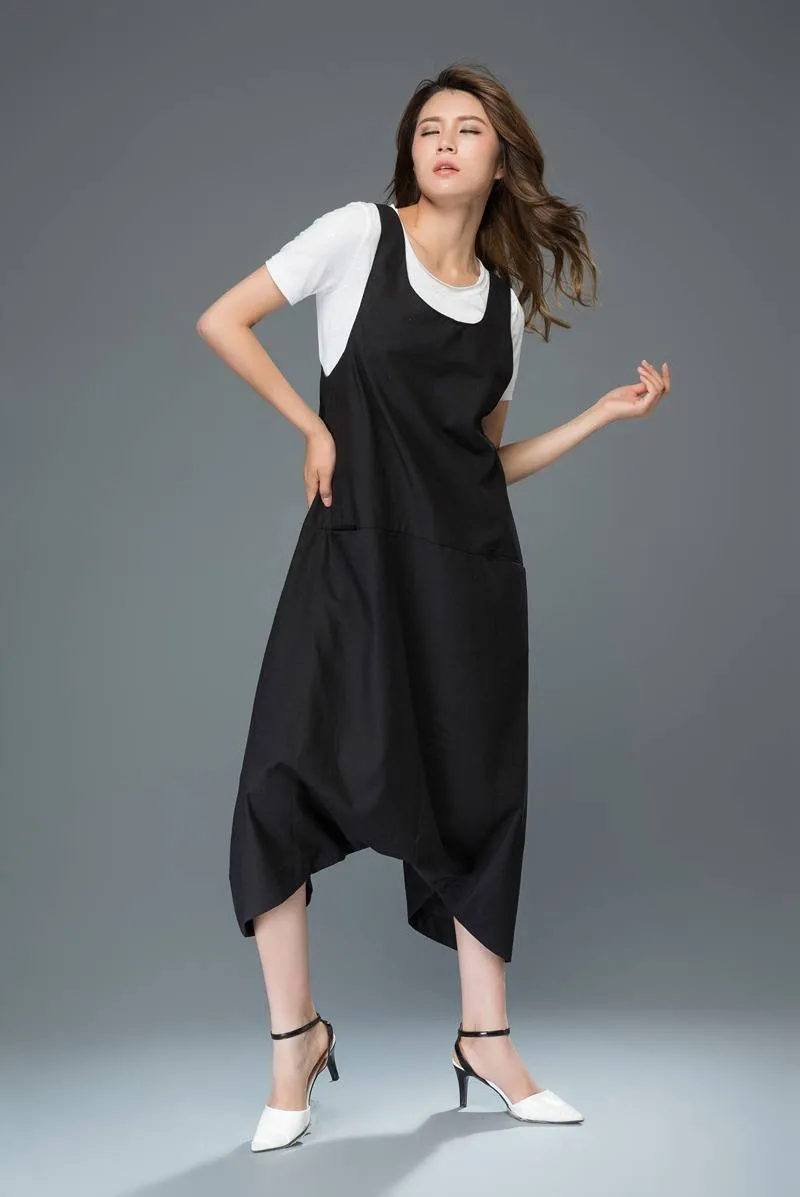 Black linen pants, maxi pants, linen overalls, low drop pants, baggy dungarees, suspender pants, womens pants, salopette, jumpsuit C931