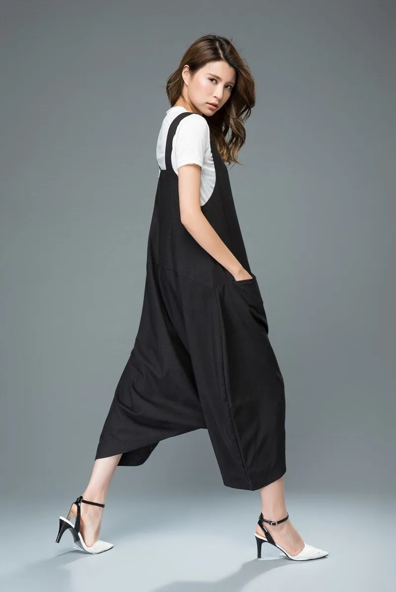 Black linen pants, maxi pants, linen overalls, low drop pants, baggy dungarees, suspender pants, womens pants, salopette, jumpsuit C931