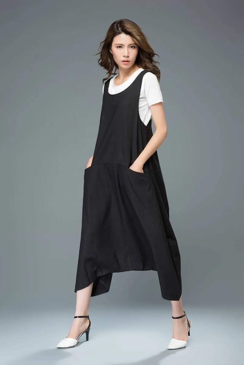 Black linen pants, maxi pants, linen overalls, low drop pants, baggy dungarees, suspender pants, womens pants, salopette, jumpsuit C931