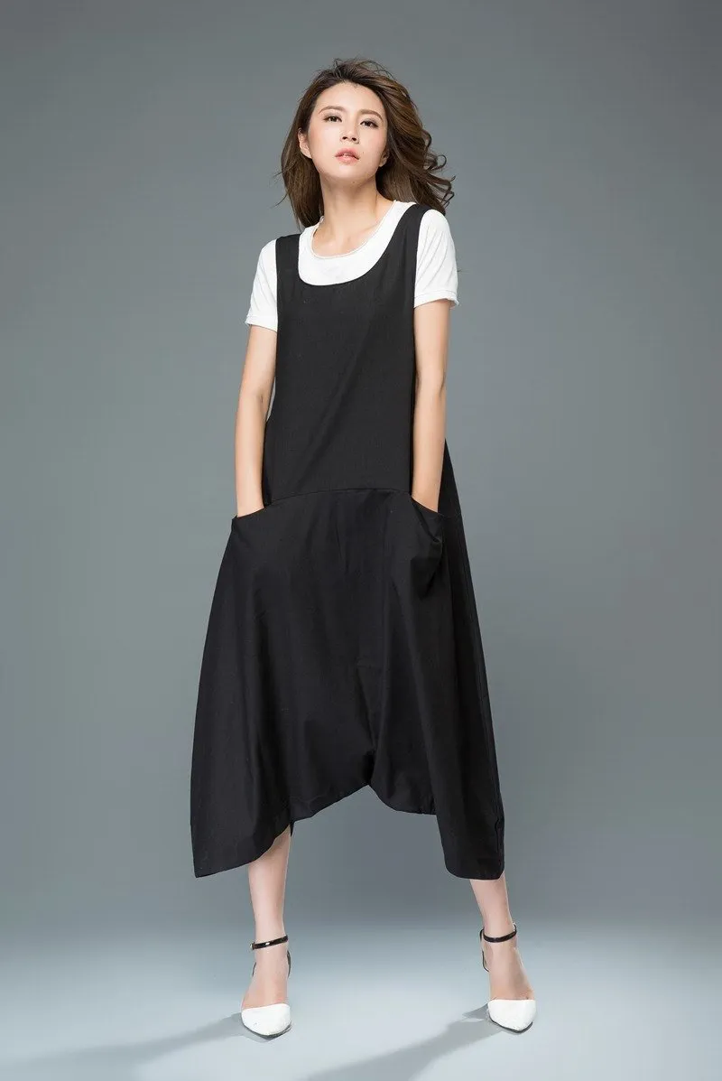 Black linen pants, maxi pants, linen overalls, low drop pants, baggy dungarees, suspender pants, womens pants, salopette, jumpsuit C931