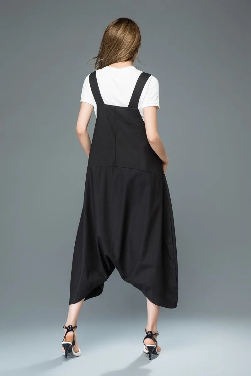 Black linen pants, maxi pants, linen overalls, low drop pants, baggy dungarees, suspender pants, womens pants, salopette, jumpsuit C931