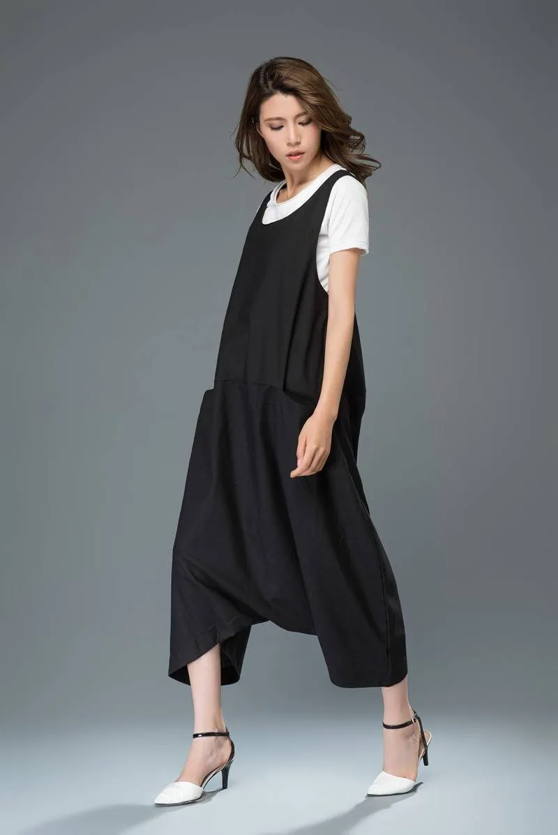 Black linen pants, maxi pants, linen overalls, low drop pants, baggy dungarees, suspender pants, womens pants, salopette, jumpsuit C931