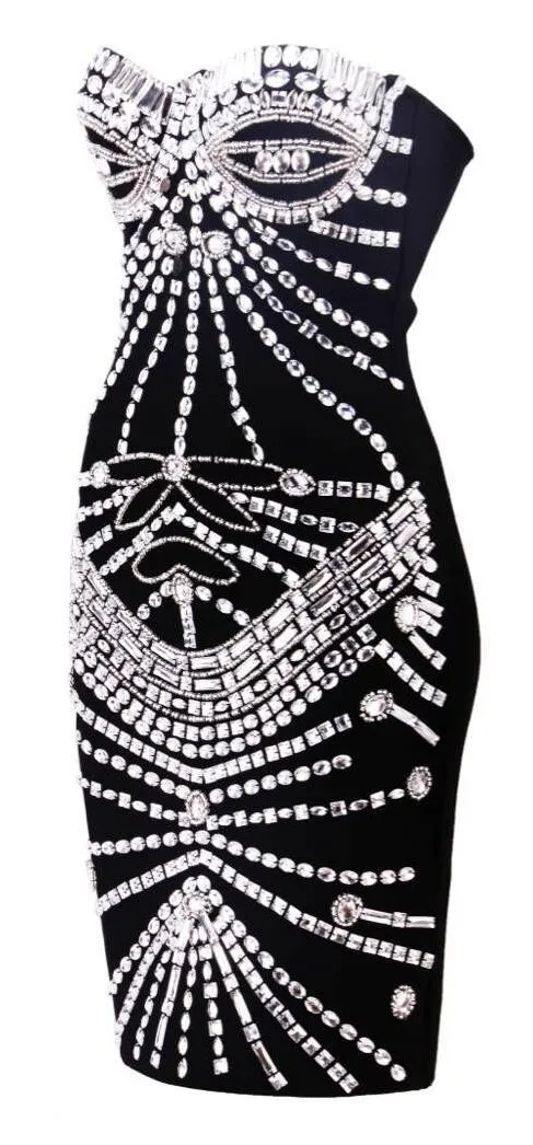 Black Strapless Embellished Stretch Mini Dress