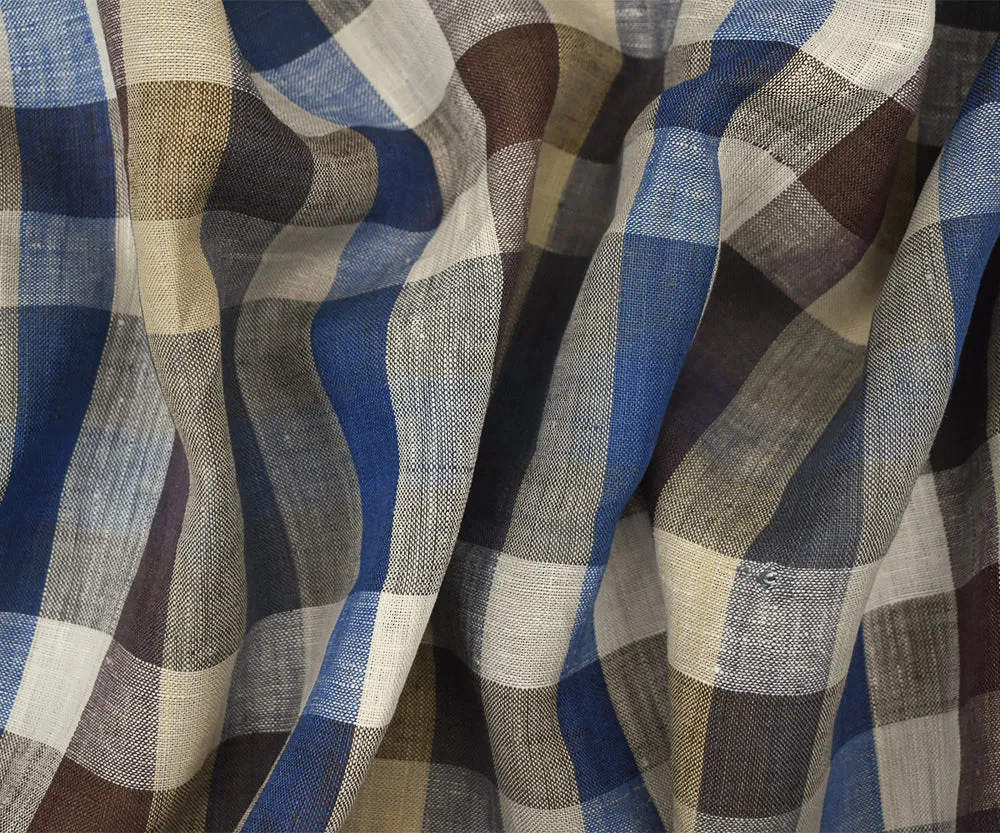 Blue-Brown-Multi Plaid Check Linen Woven Fabric