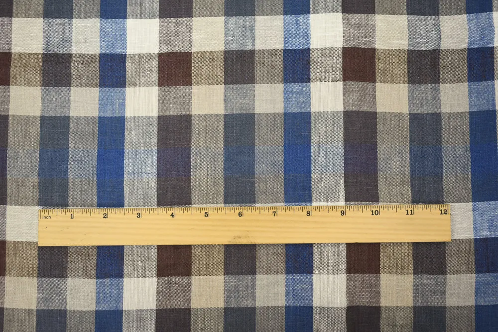 Blue-Brown-Multi Plaid Check Linen Woven Fabric