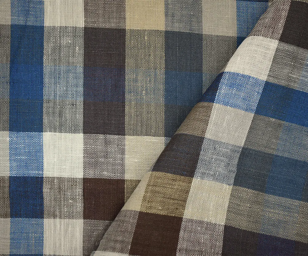 Blue-Brown-Multi Plaid Check Linen Woven Fabric