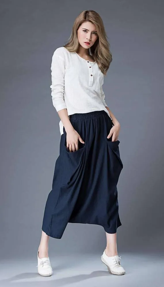 Blue Linen Casual Pants Personality Loose Harem Pants C867