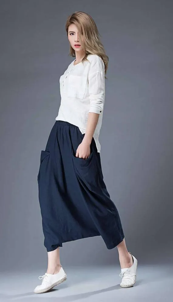 Blue Linen Casual Pants Personality Loose Harem Pants C867