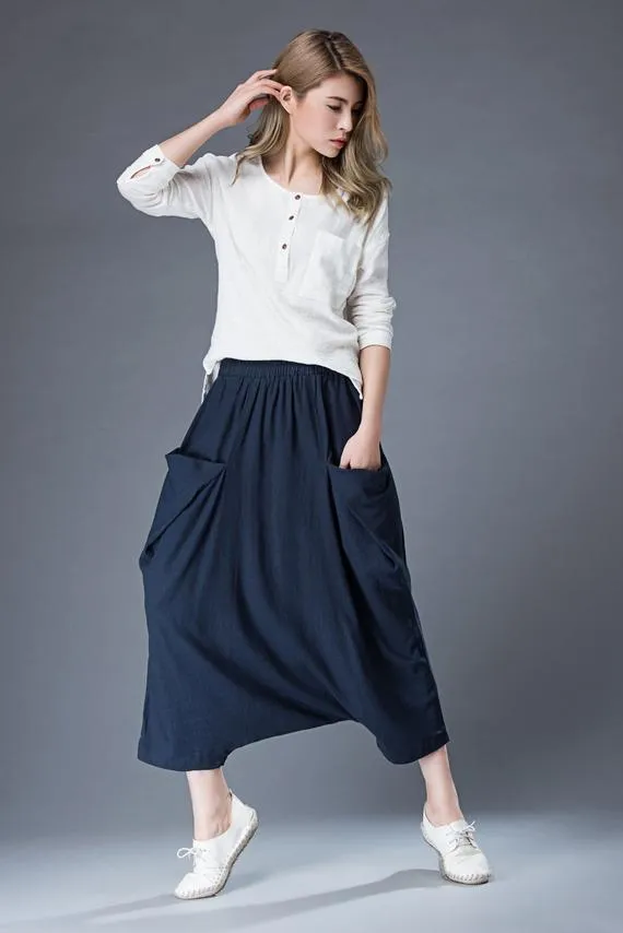 Blue Linen Casual Pants Personality Loose Harem Pants C867