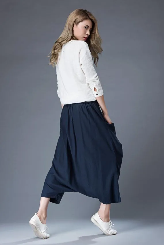 Blue Linen Casual Pants Personality Loose Harem Pants C867