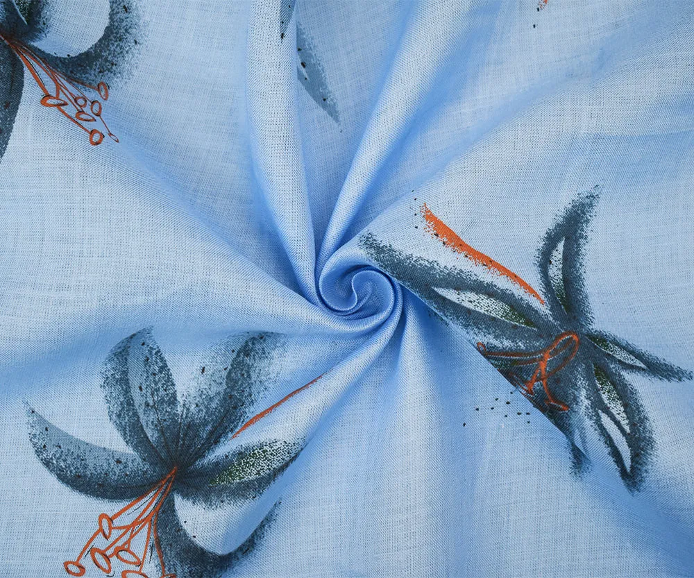 Blue-Orange-Multi Lily Printed Linen Woven Fabric