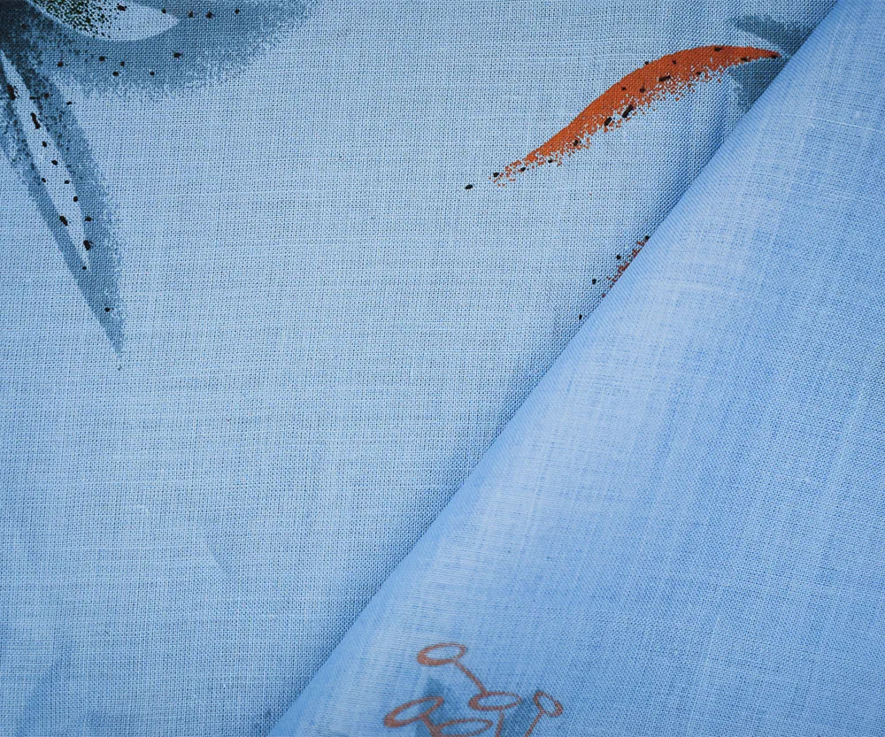 Blue-Orange-Multi Lily Printed Linen Woven Fabric