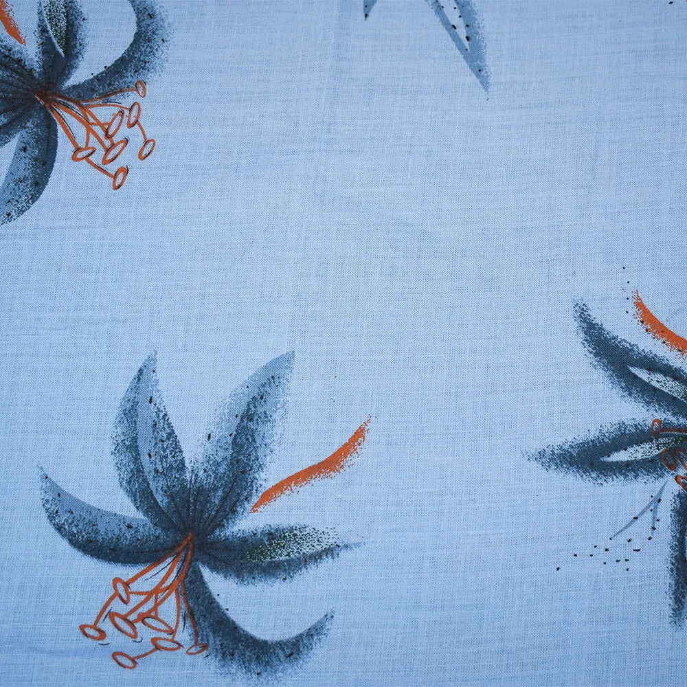 Blue-Orange-Multi Lily Printed Linen Woven Fabric