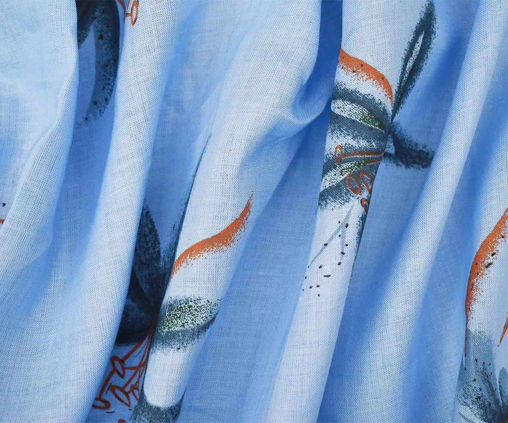 Blue-Orange-Multi Lily Printed Linen Woven Fabric