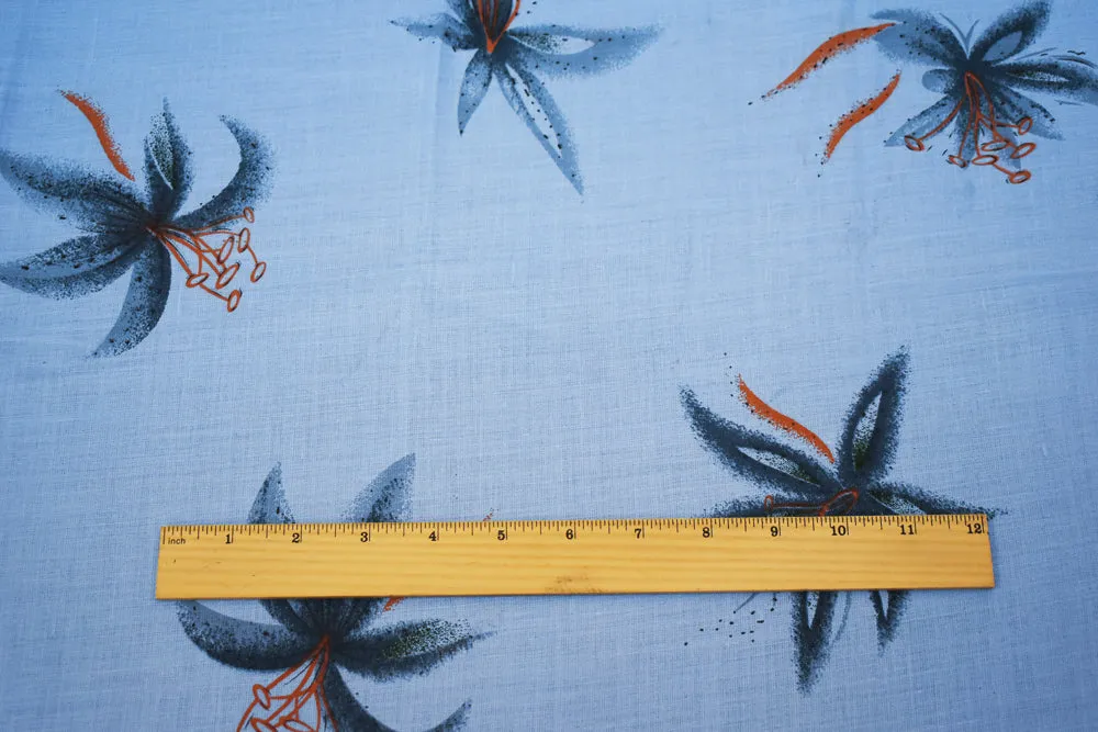 Blue-Orange-Multi Lily Printed Linen Woven Fabric