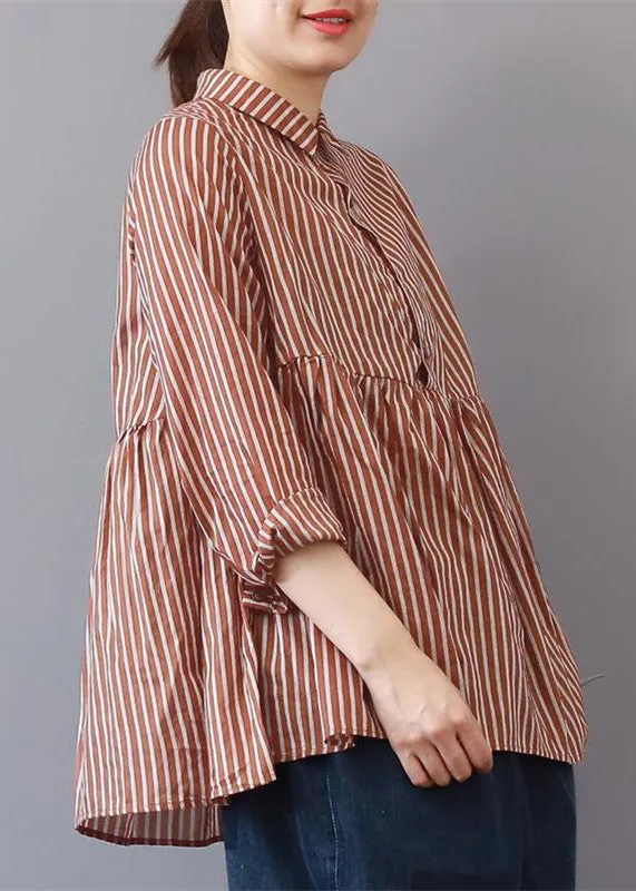 boutique red striped linen blouse plus size traveling clothing fine patchwork lapel collar linen blouses