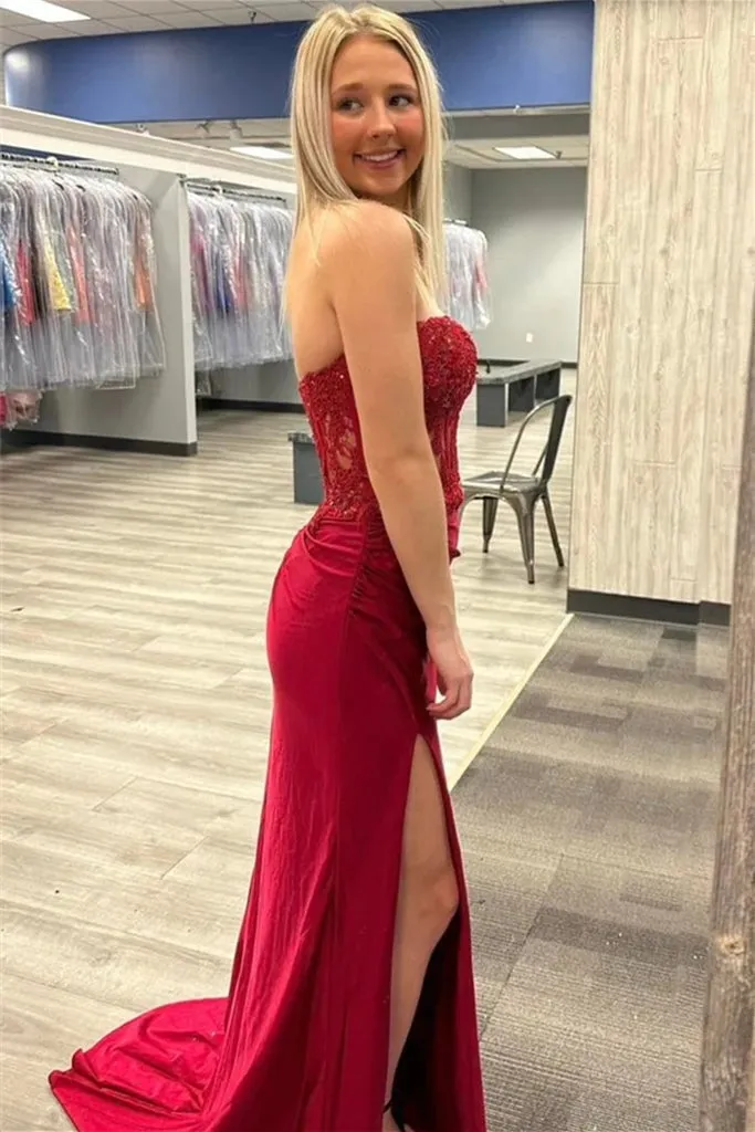 Burgundy Strapless Appliques Strapless Mermaid Prom Dresses