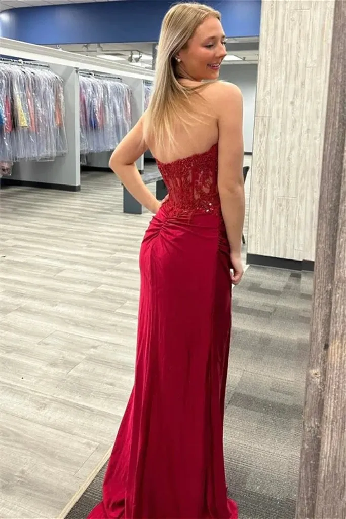 Burgundy Strapless Appliques Strapless Mermaid Prom Dresses