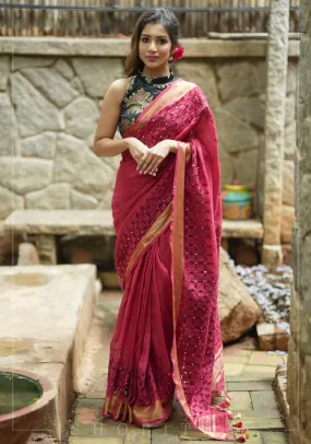 Chudi Design- Linen by Linen Cutwork and Mirrorwork Saree in Deep Red