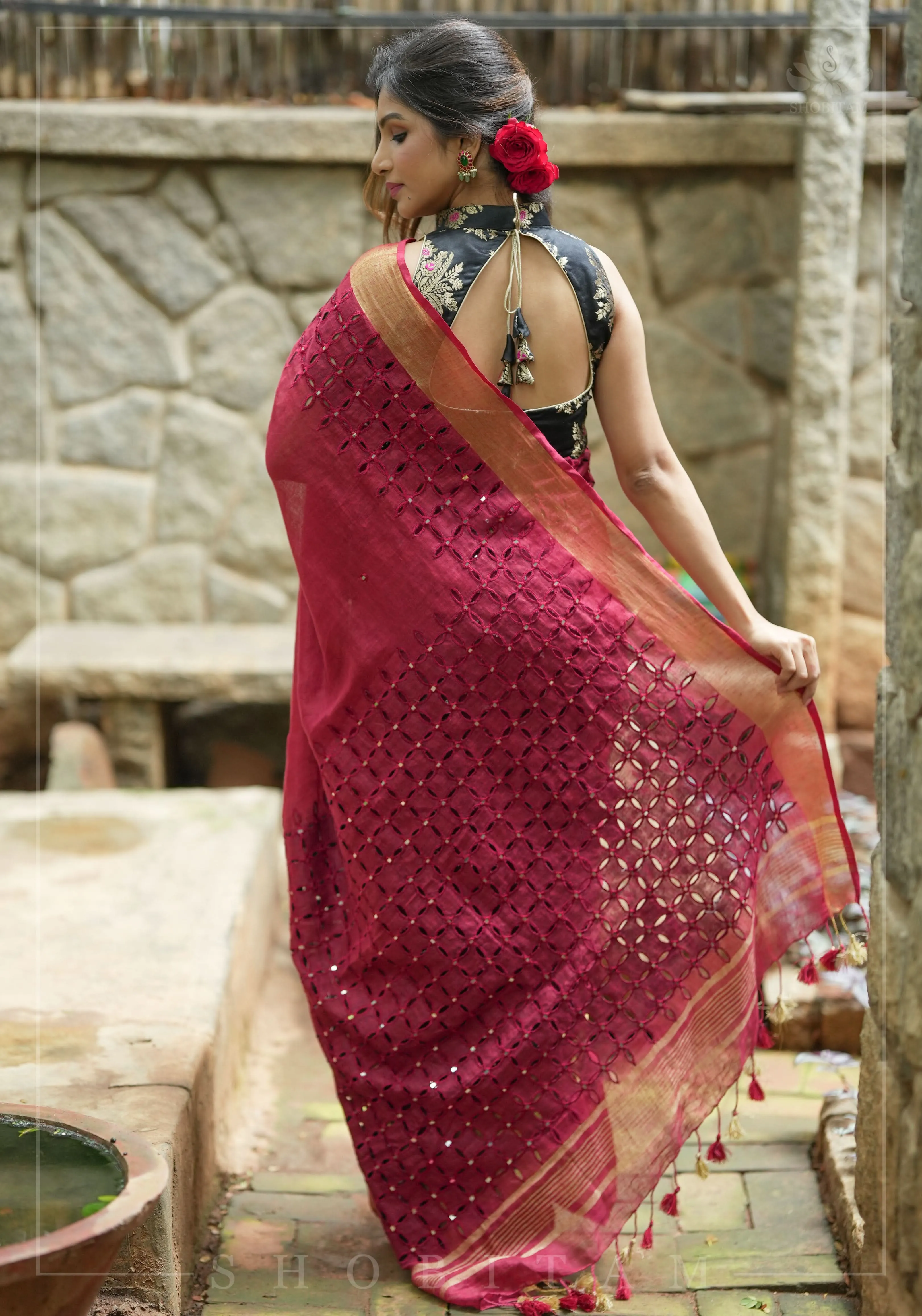 Chudi Design- Linen by Linen Cutwork and Mirrorwork Saree in Deep Red