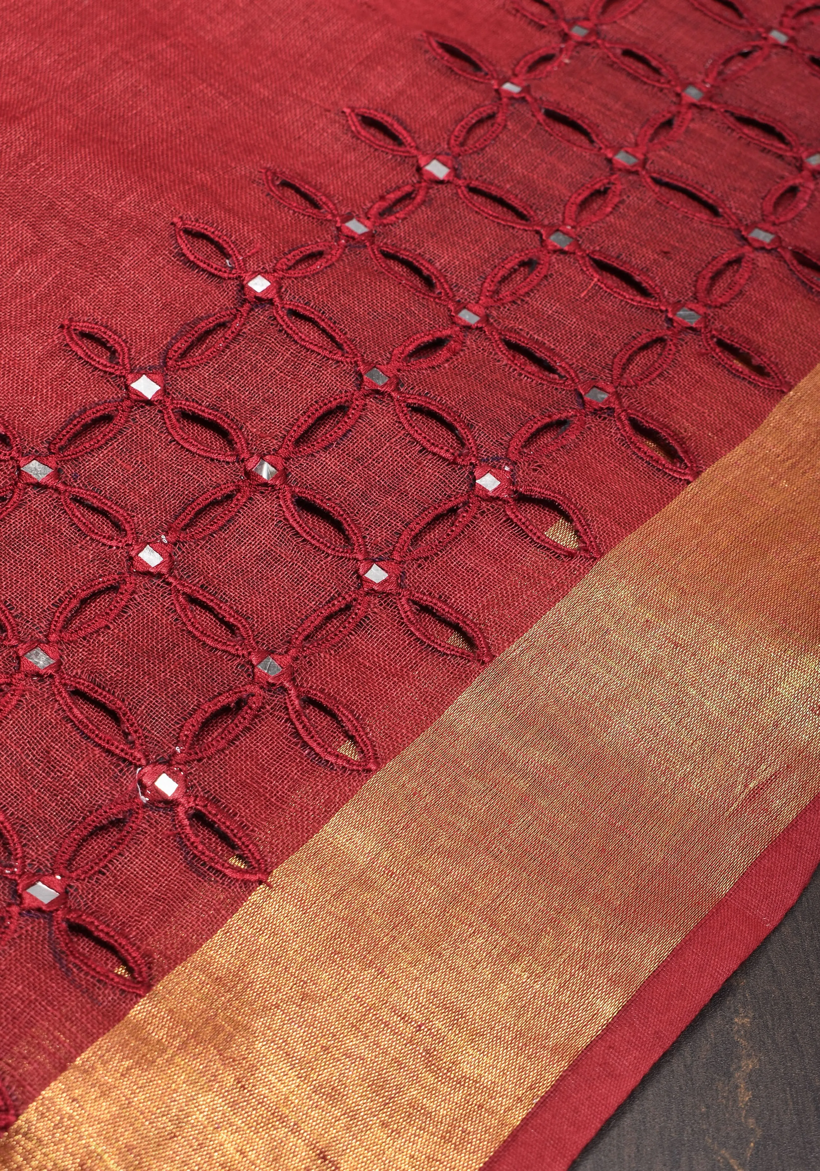 Chudi Design- Linen by Linen Cutwork and Mirrorwork Saree in Deep Red