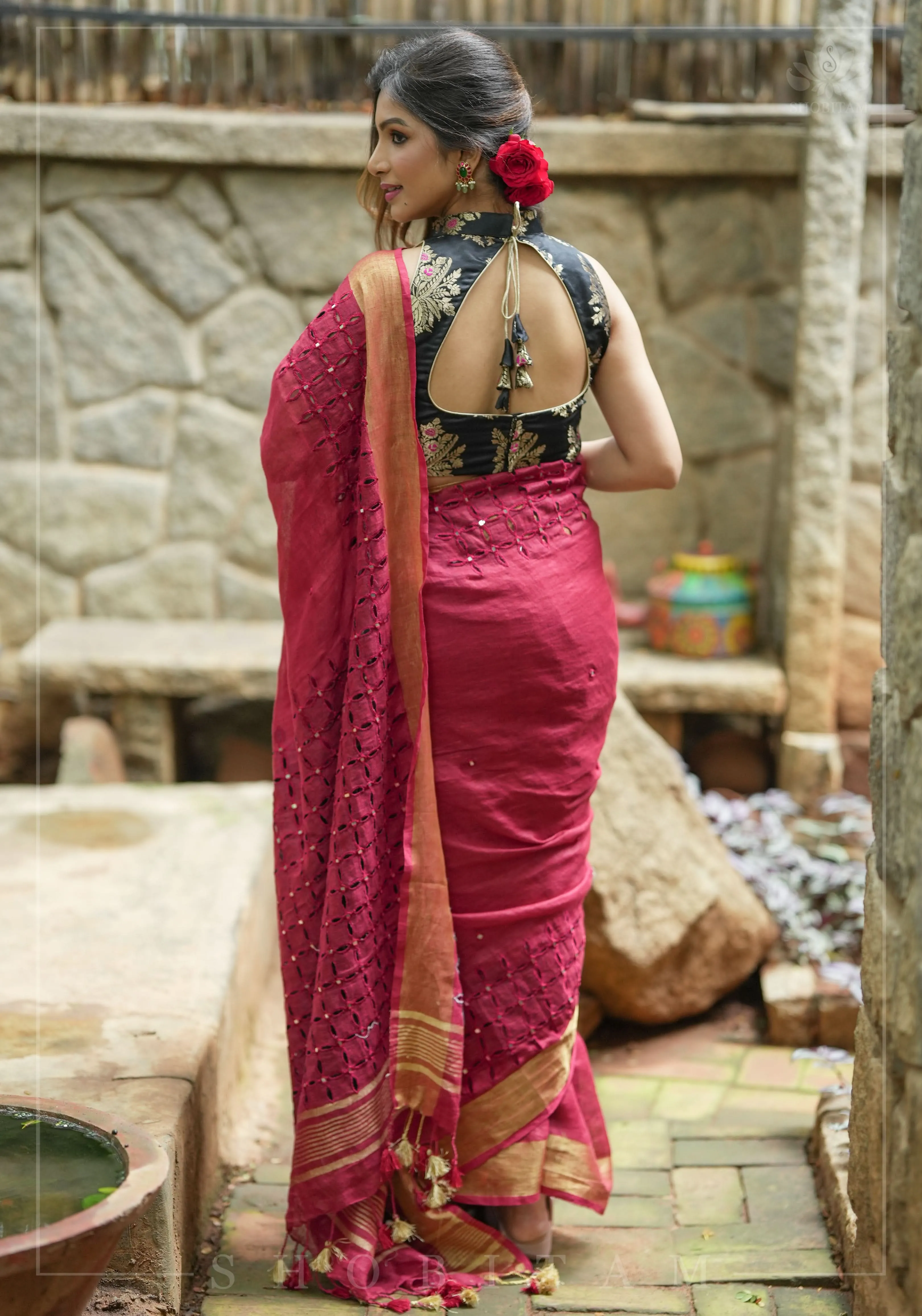 Chudi Design- Linen by Linen Cutwork and Mirrorwork Saree in Deep Red