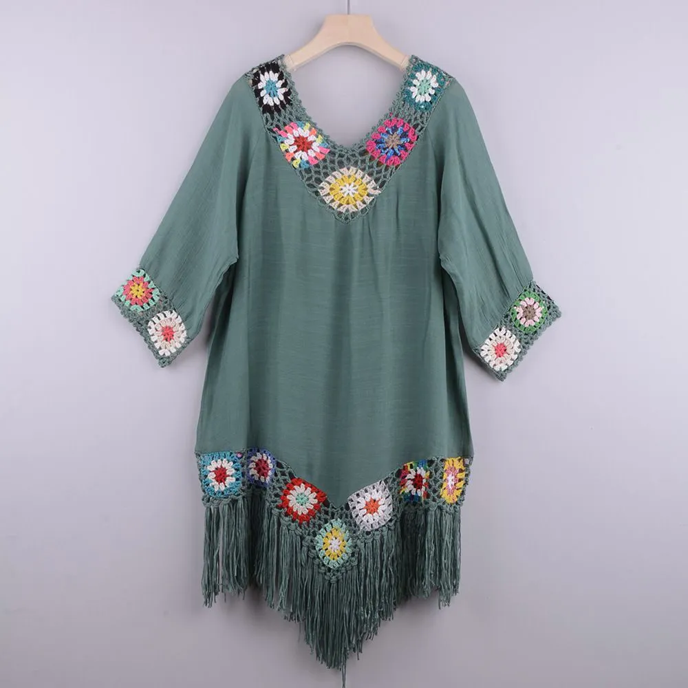 Crochet Knit Rhombus Tassel Beach Cover Up Dress Fringe Tunic Kimono Beachwear