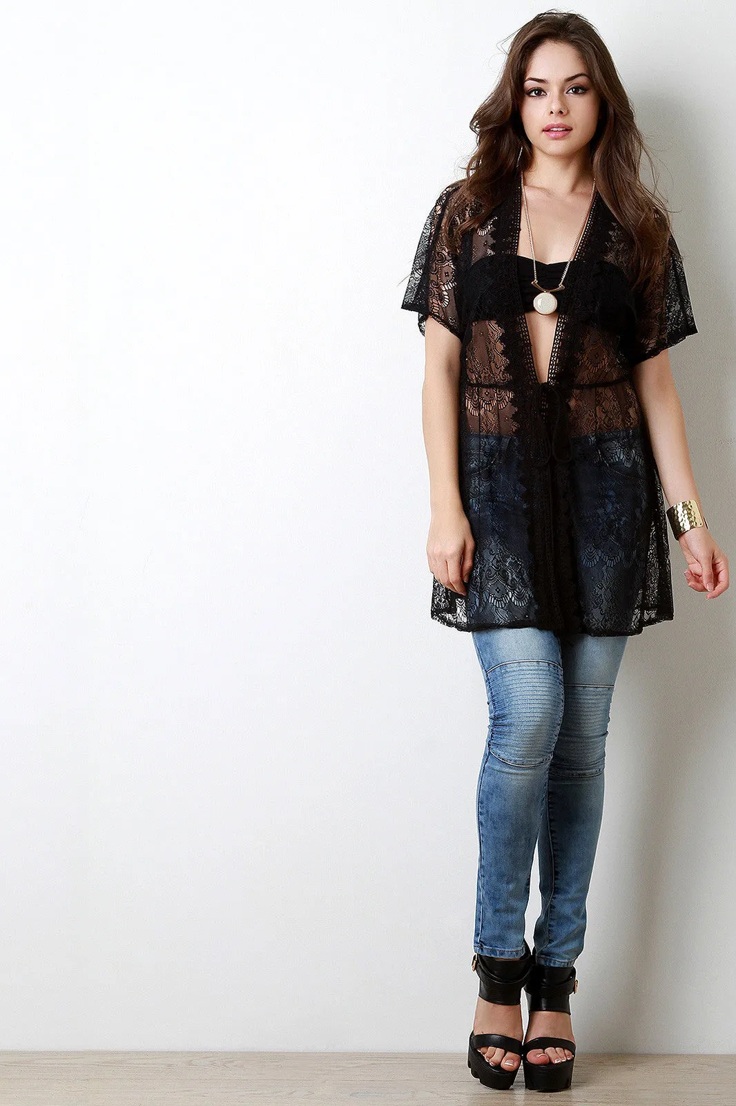 Crochet Trim Lace Cover Up Kimono