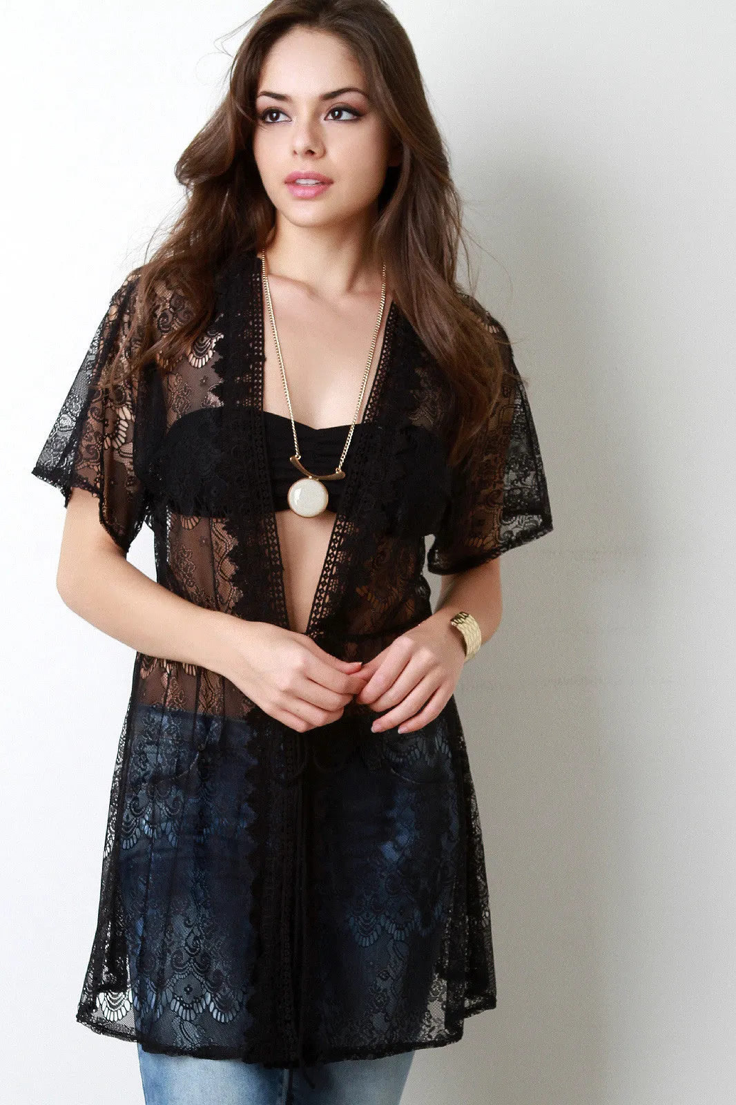 Crochet Trim Lace Cover Up Kimono