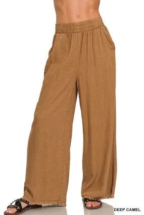 DEEP CAMEL WASHED LINEN FRAYED HEM ELASTIC BAND WAIST PANTS /STUFFOLOGY BOUTIQUE