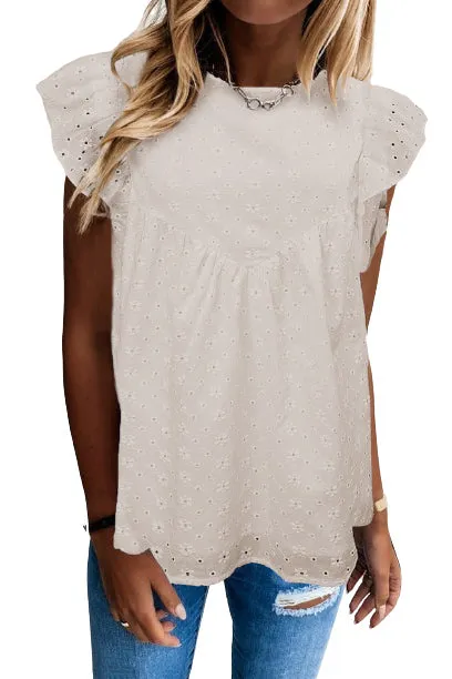 Eyelet Embroidery Crew Neck Flowy Sleeveless Tops