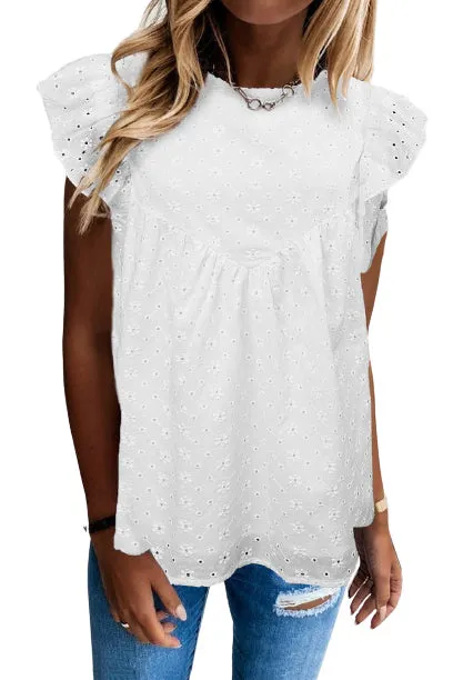 Eyelet Embroidery Crew Neck Flowy Sleeveless Tops