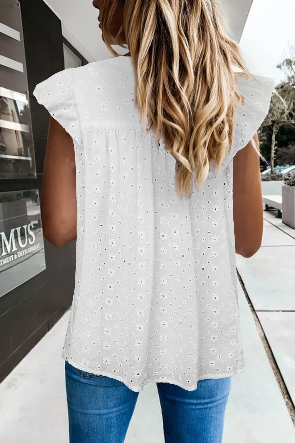 Eyelet Embroidery Crew Neck Flowy Sleeveless Tops