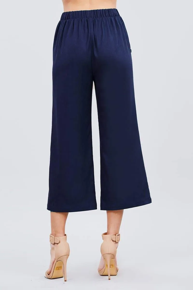 Fake Pocket W/button Detail Wide Long Leg Linen Pants