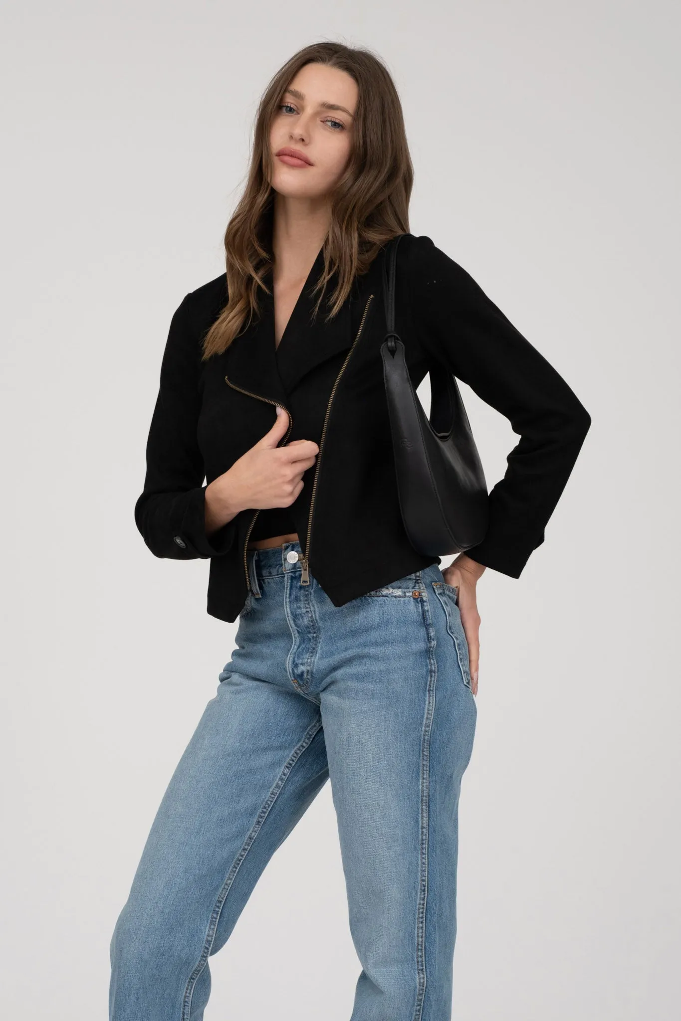 FAUX SUEDE ZIP UP MOTO JACKET