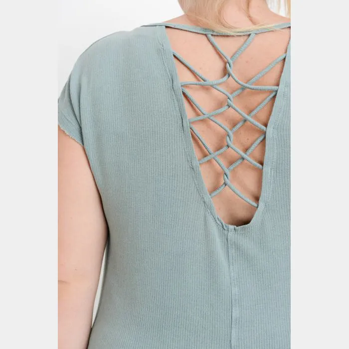 Final Sale Plus Blue Fog High Low Strappy Detail Tee